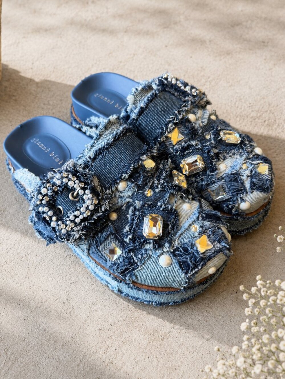 Gianni Bini Denim Blue Jeweled Platform Slide Sandals